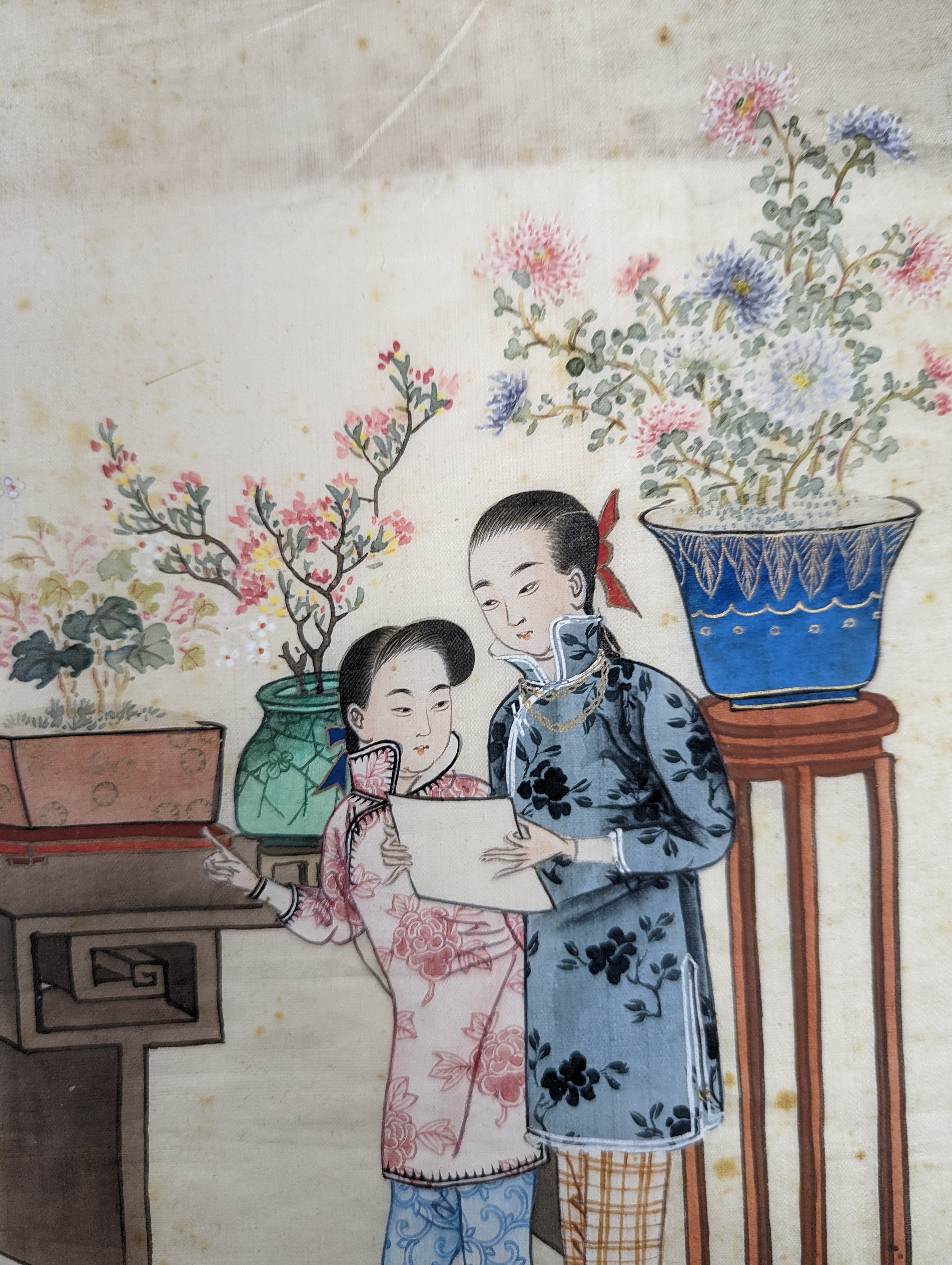 Chinese school circa 1900, gouache on silk, Calligrapher with onlookers, 31 x 40cm, unframed